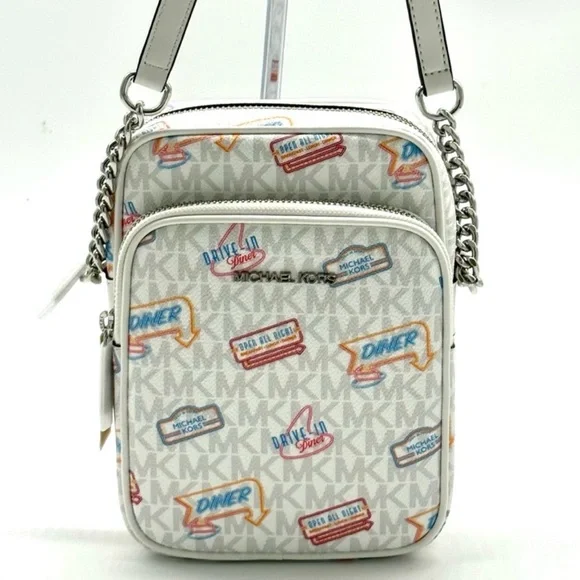 Michael Kors Jet Set Medium Printed Signature Logo Crossbody Bag Optic White